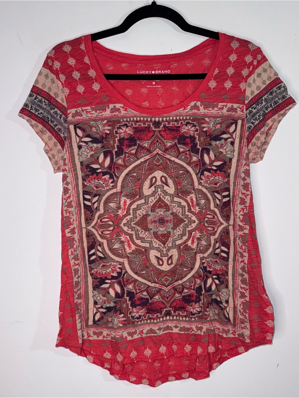 Lucky Brand Womens Medium Red Boho Medallion Print Scoop Neck Top